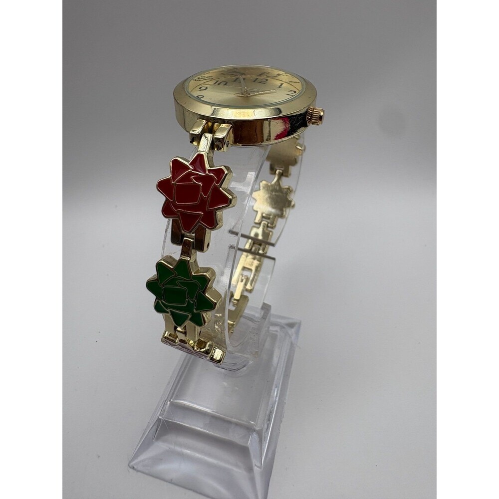 Charter Club Christmas Watch Gold-Tone Red Green Bow Links Novelty Holiday Dress